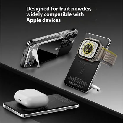 10000mAh Ultra-Thin MagSafe Power Bank 15W Wireless Charger with Foldable Stand – Grey