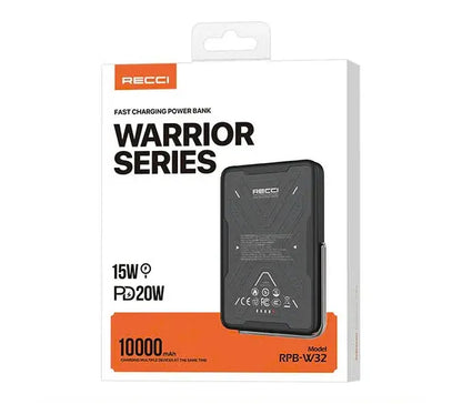 Recci Warrior 10000mAh Portable Power Bank – 20W PD Fast Charging & 15W Wireless Charging